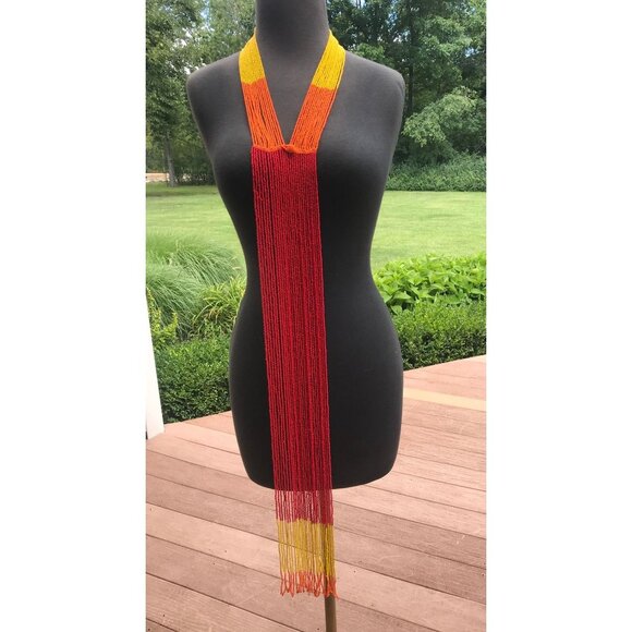 Vtg 1960's Seed Beaded Shawl With Beaded Button & Loop Orange Red Yellow African - Picture 1 of 10
